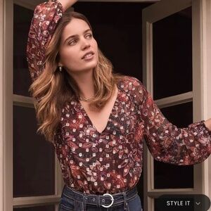 LOFT Shimmer Clip Paisley Shirred Raglan Blouse M -WORN 1x/EUC!